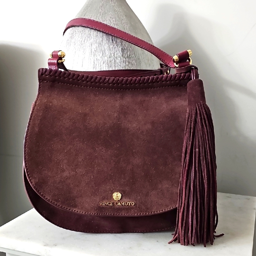 Vince Camuto Burgundy Suede Shoulder Bag with Tassel